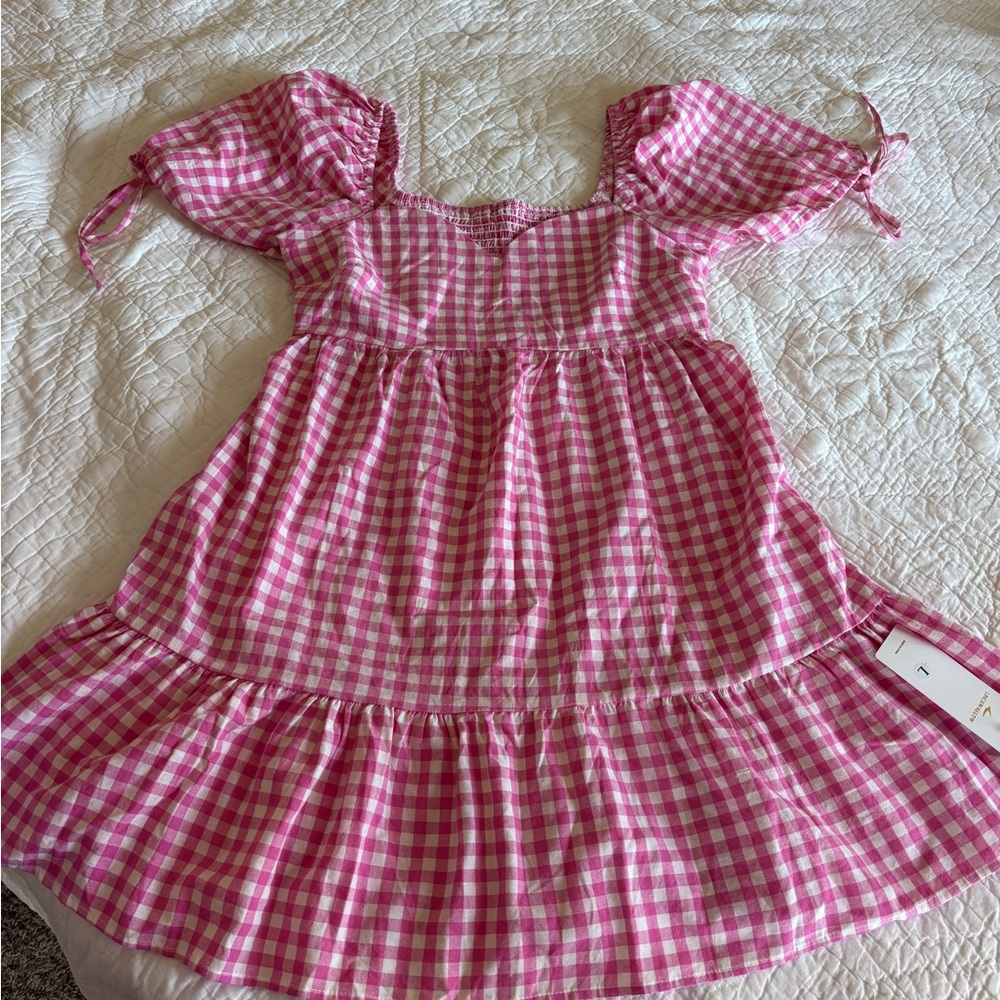 Pink Gingham Midi Dress with Puff Sleeves